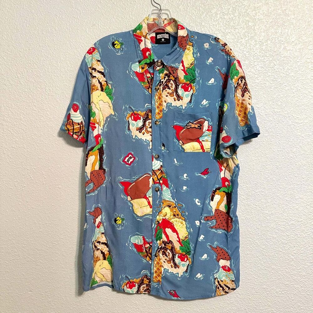 Icecream Button-Up Shirt Men M Blue Short Sleeve Novelty Print 100% Rayon BBC